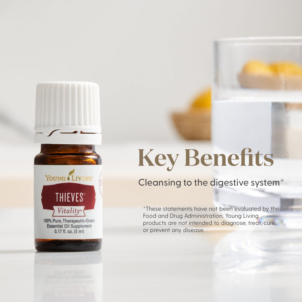 Young Living Thieves Vitality diffuser scene with uplifting aroma for relaxing spaces.