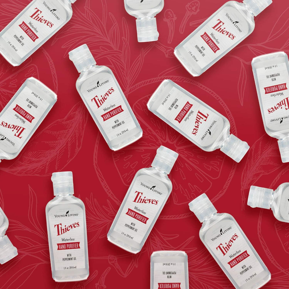Young Living Thieves waterless hand purifier back-label details and ingredients.