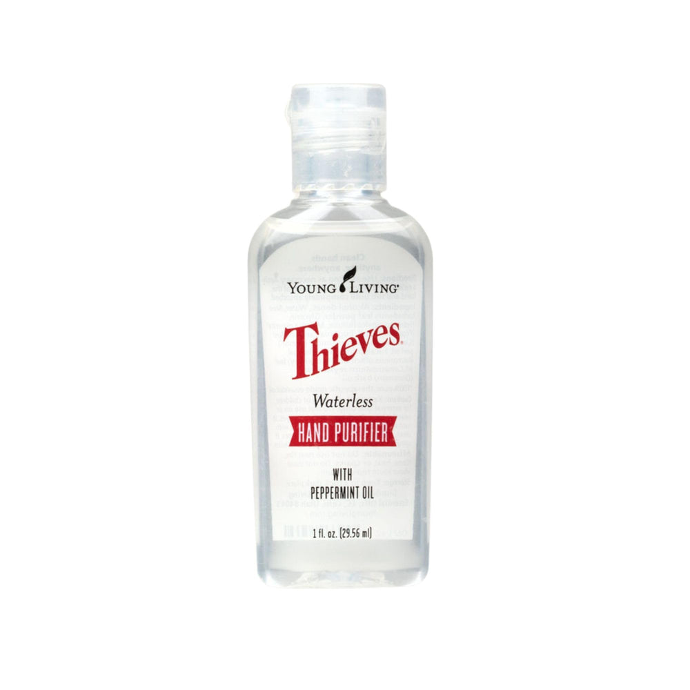 Young Living Thieves waterless hand purifier bottle with peppermint offers quick refreshing protection.