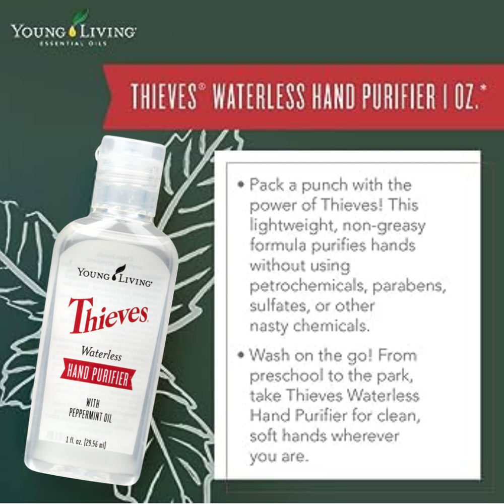 Young Living Thieves hand purifier pump-dispense demonstrates easy, efficient on-the-go sanitizing.