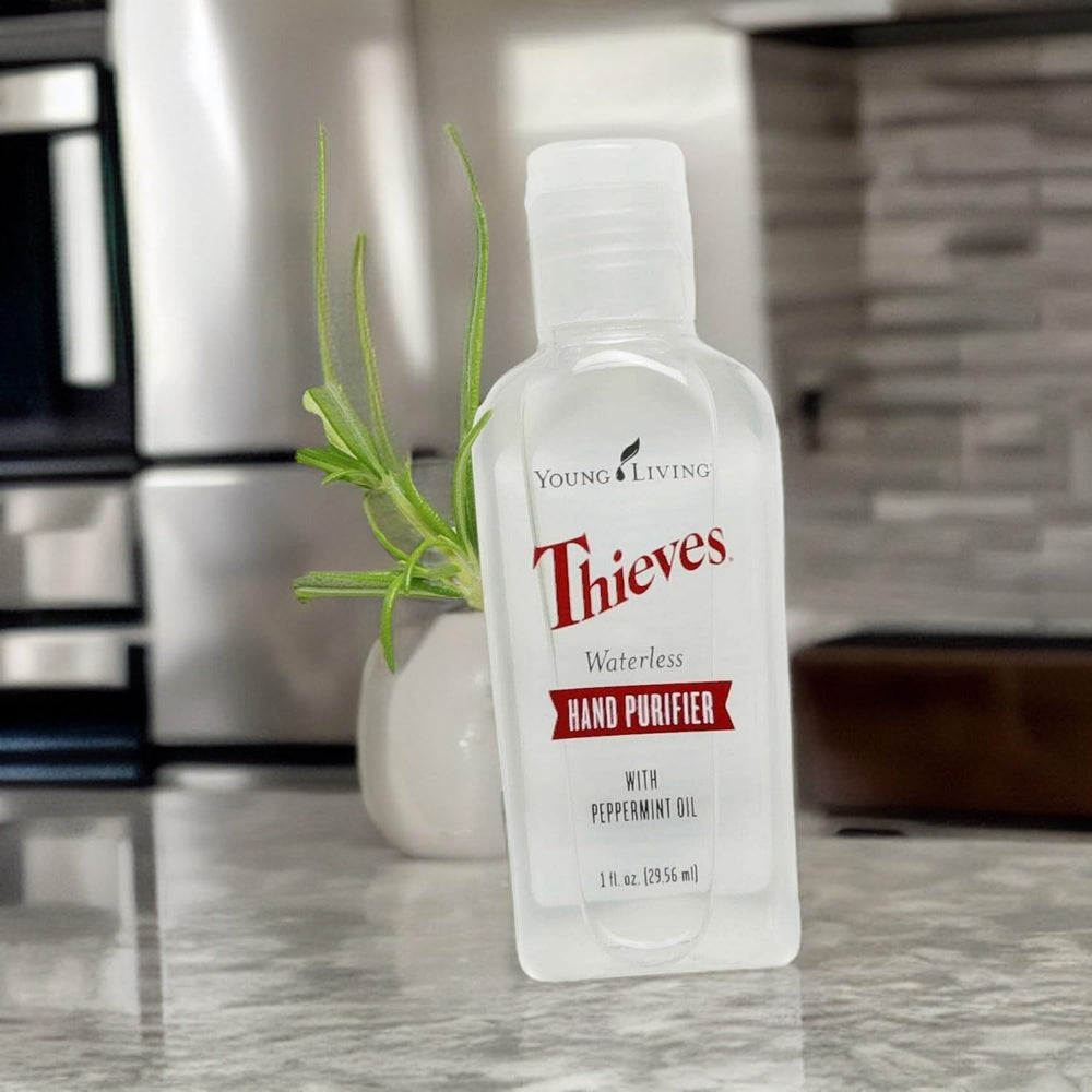 Young Living Thieves waterless hand purifier travel-size 1oz fits pockets and purses.