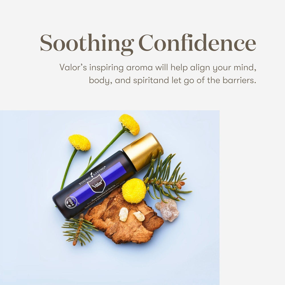 Young Living Valor Roll-On featuring Black Spruce scent for earthy balance.
