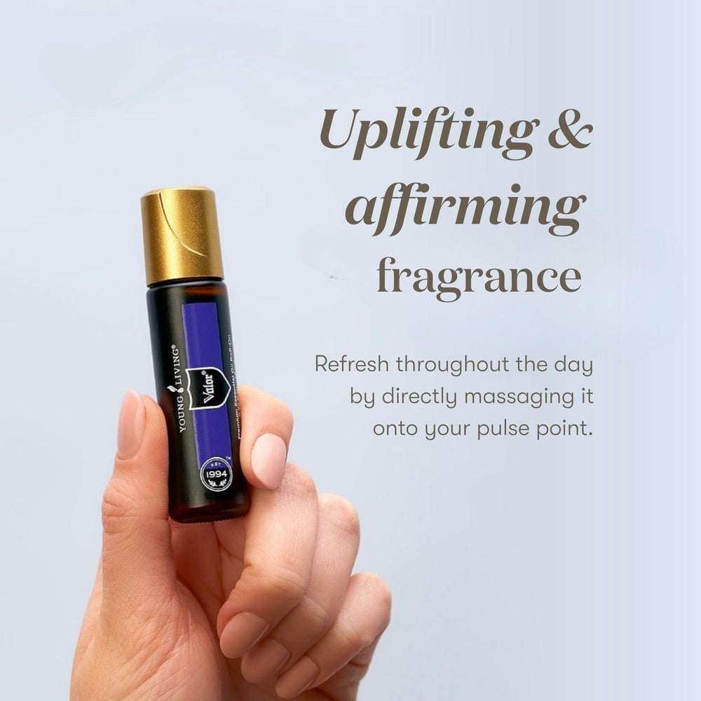 Young Living Valor Roll-On featuring Blue Tansy note for soothing mood.