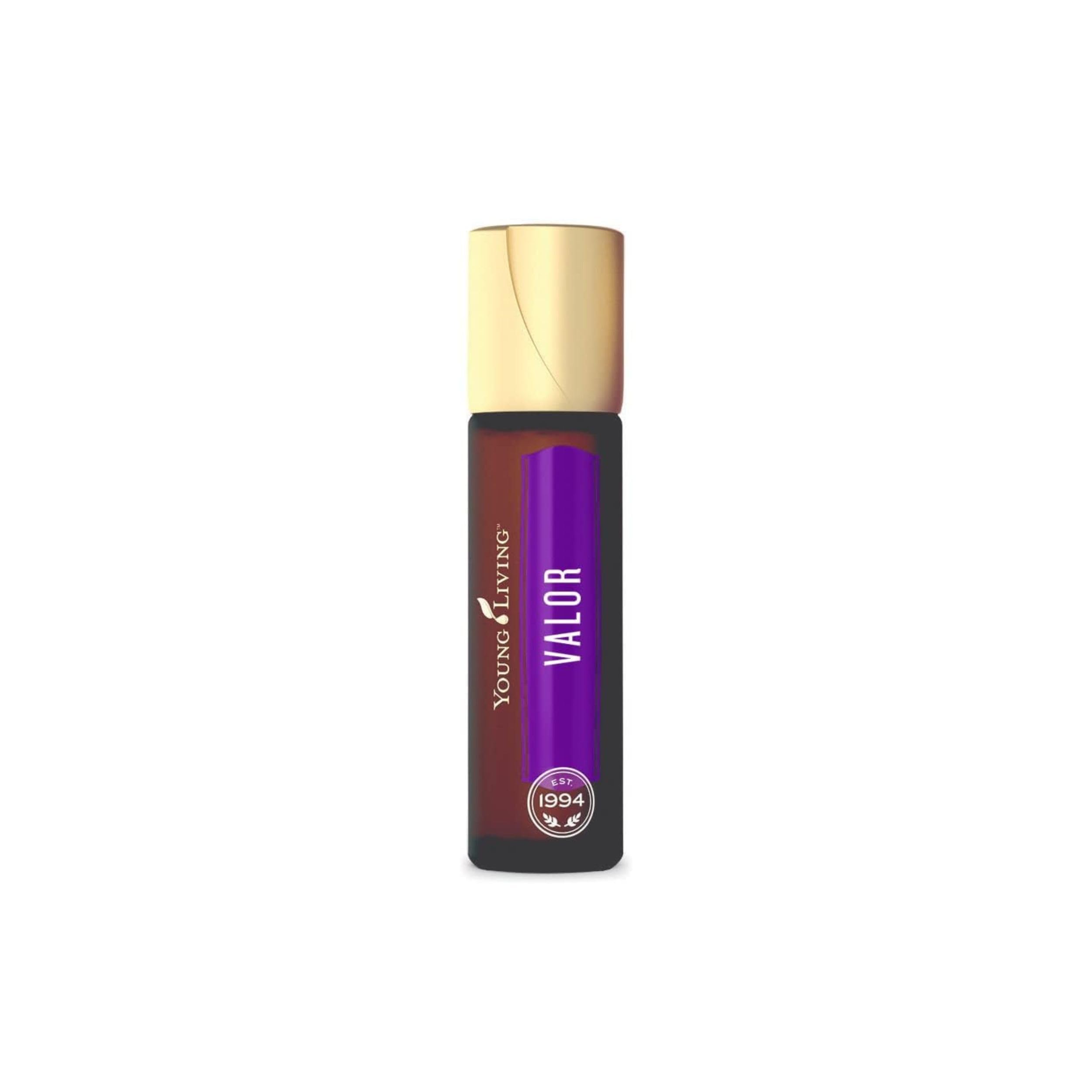 Young Living Valor Roll-On featuring Frankincense note for grounding aroma.