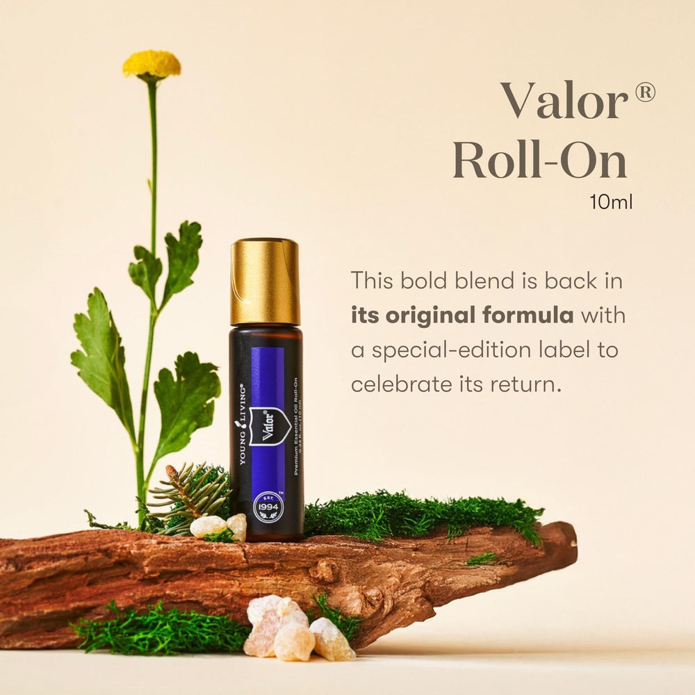 Young Living Valor Roll-On applied to the temples for centered focus.