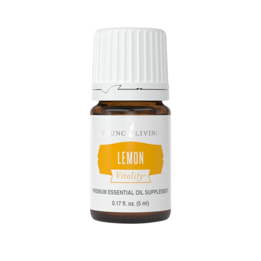 Young Living Vitality Lemon bottle closeup, highlighting bright citrus flavor for cooking