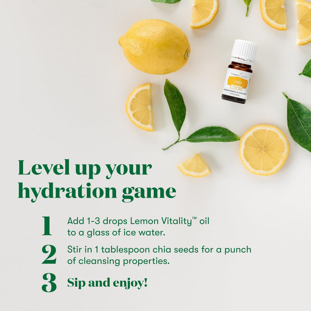 Young Living Vitality Lemon bottle pour showing a citrus finish on beverages and desserts