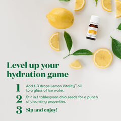 Young Living Vitality Lemon bottle pour showing a citrus finish on beverages and desserts