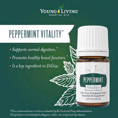 Young Living Vitality Peppermint label close-up shows purity and branding