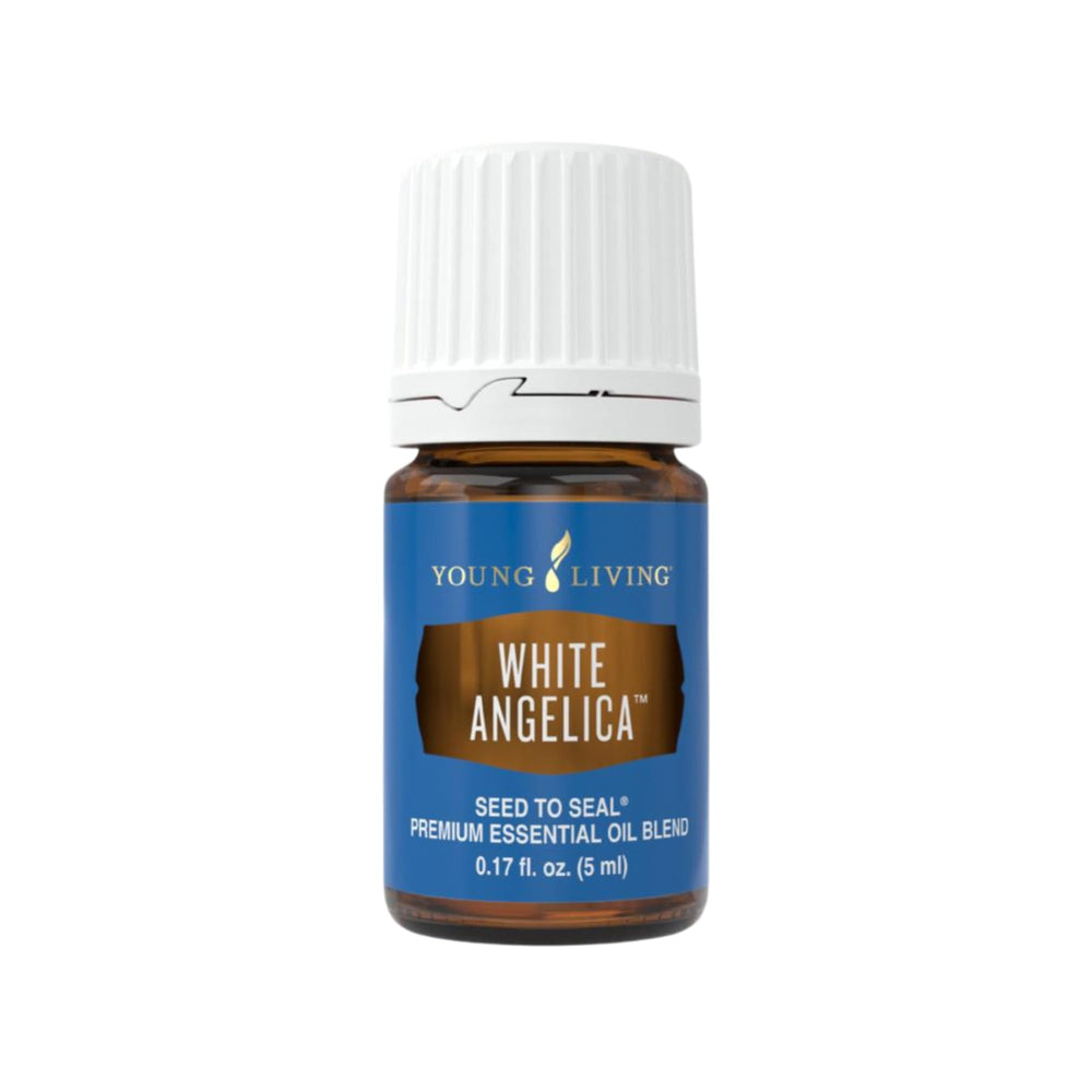 Young Living White Angelica 5ml bottle close-up highlighting soothing aroma for calm moments