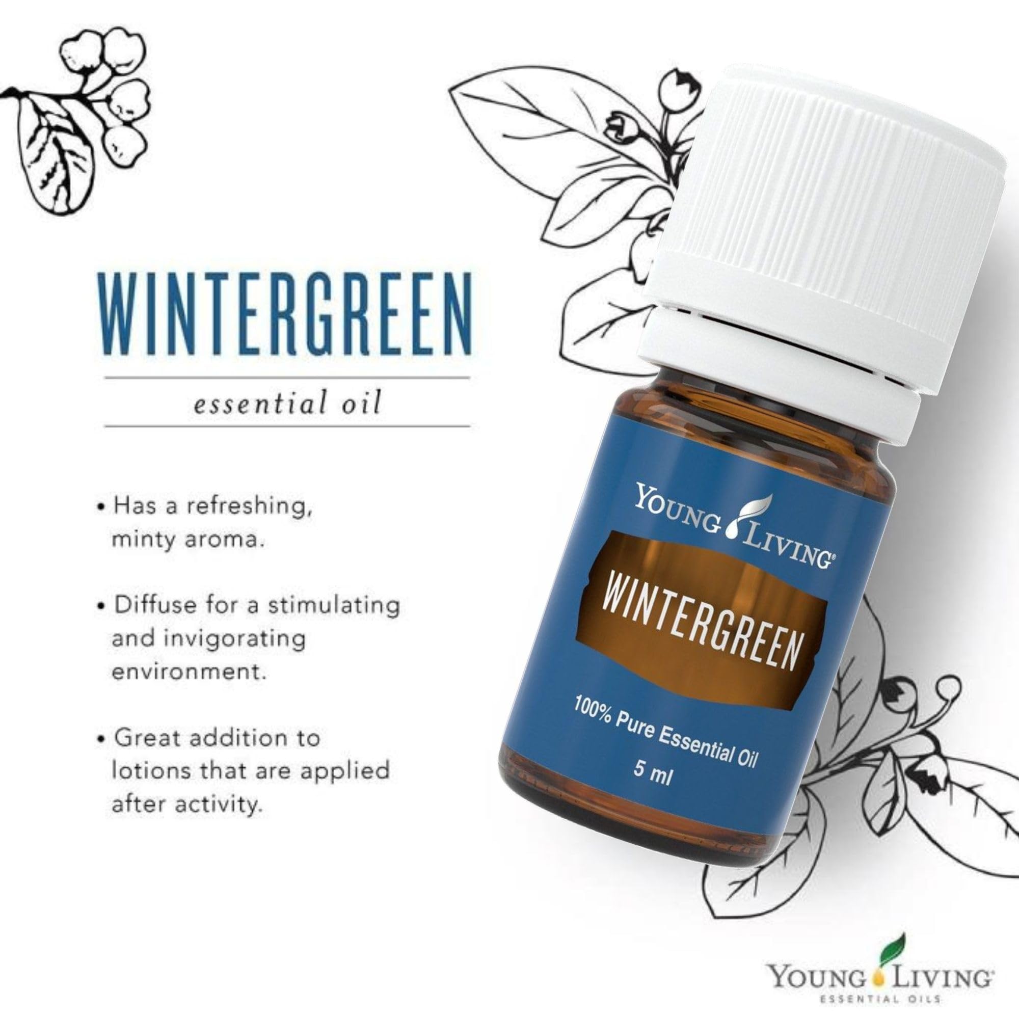 Young Living Wintergreen oil close-up purity label indicating high-quality essential oil.