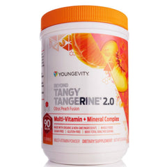 Youngevity Beyond Tangy Tangerine 2.0 bottle front with Citrus Peach Fusion flavor for daily nutrition.