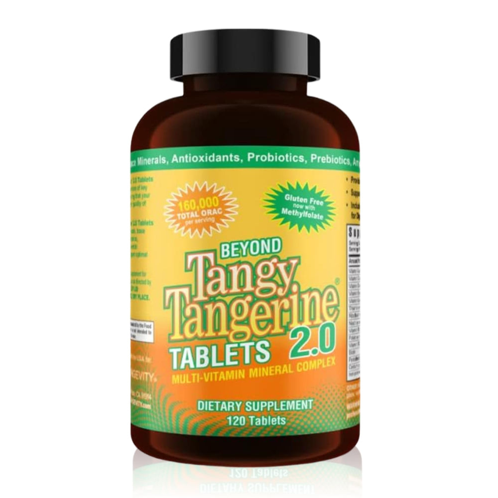 Youngevity Beyond Tangy Tangerine 2.0 tablets in bottle for daily energy support.