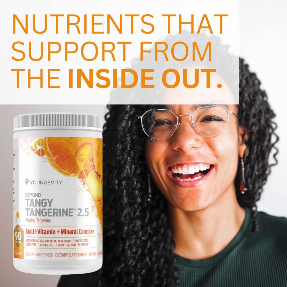 Youngevity Beyond Tangy Tangerine 2.5 packaging with sugar-free and gluten-free icons.