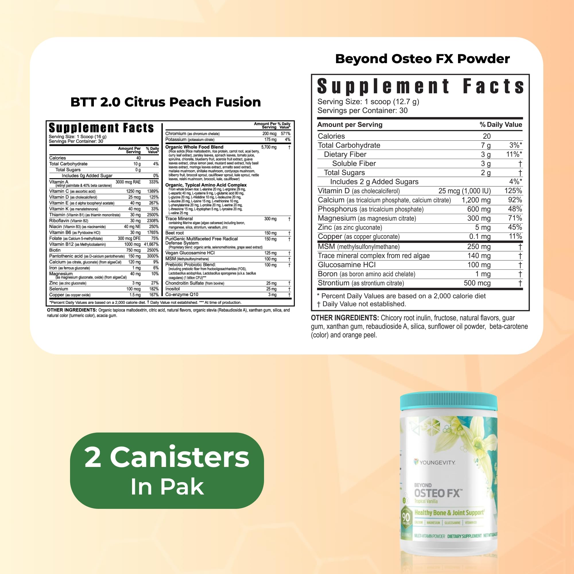 Youngevity Healthy Body Digestion Pack 2.0 ingredients table shows key components for digestion support.