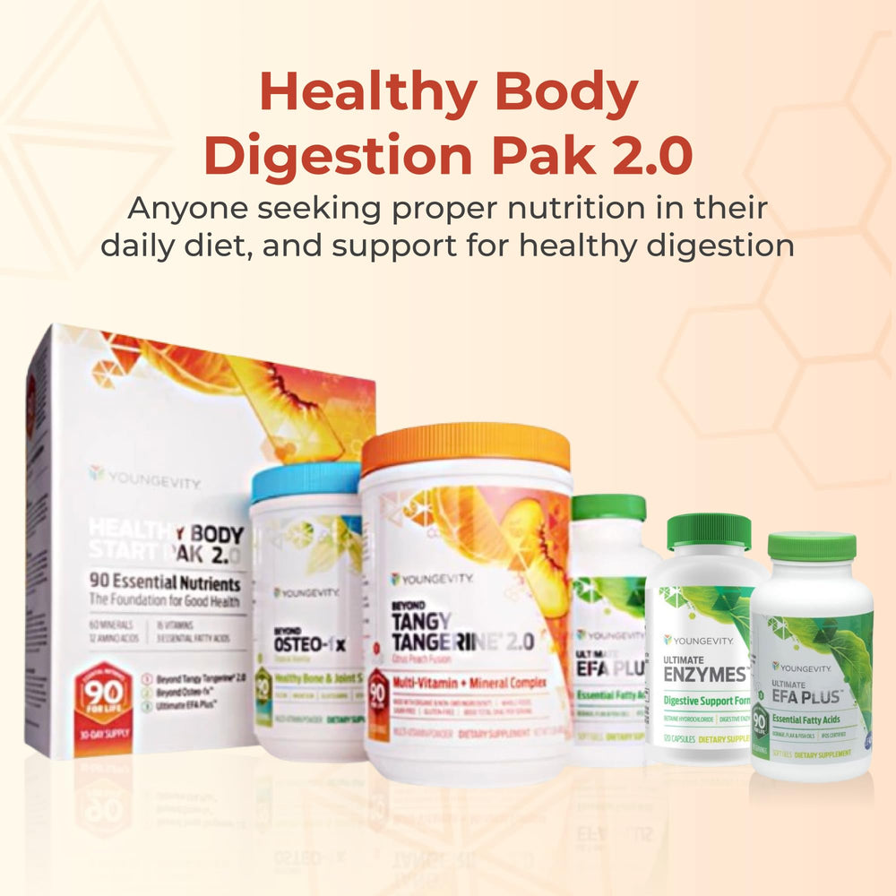Youngevity Healthy Body Digestion Pack 2.0 label closeup highlighting branding and product purpose.