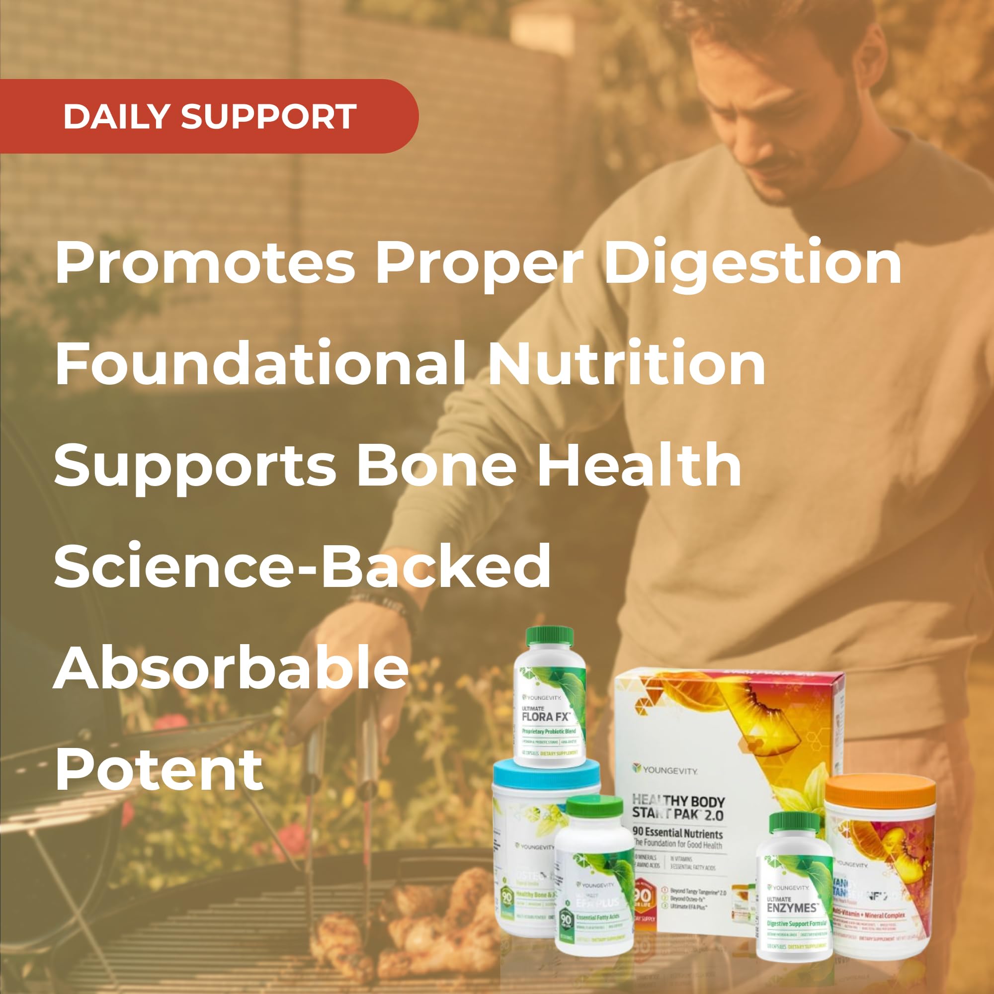 Youngevity Healthy Body Digestion Pack 2.0 usage scene showing a daily routine.