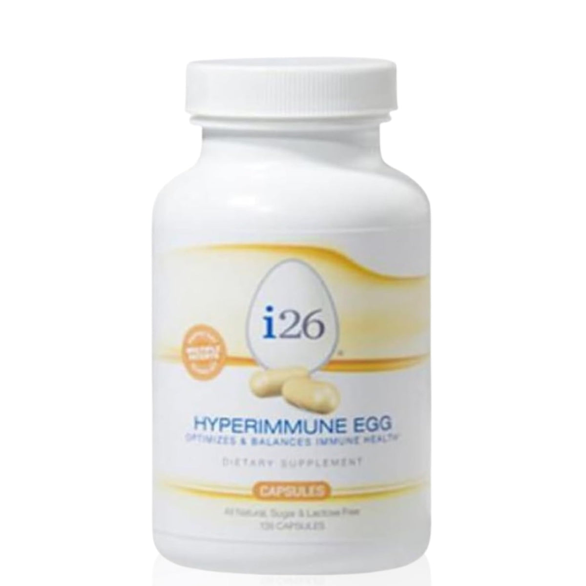Youngevity i26 Hyperimmune Egg Capsules bottle label highlighting immune and digestive support.