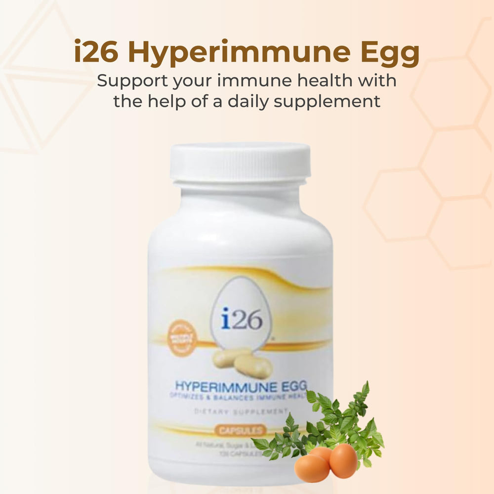Youngevity i26 Hyperimmune Egg Capsules bottle on shelf showing non-GMO and allergen-friendly claim.
