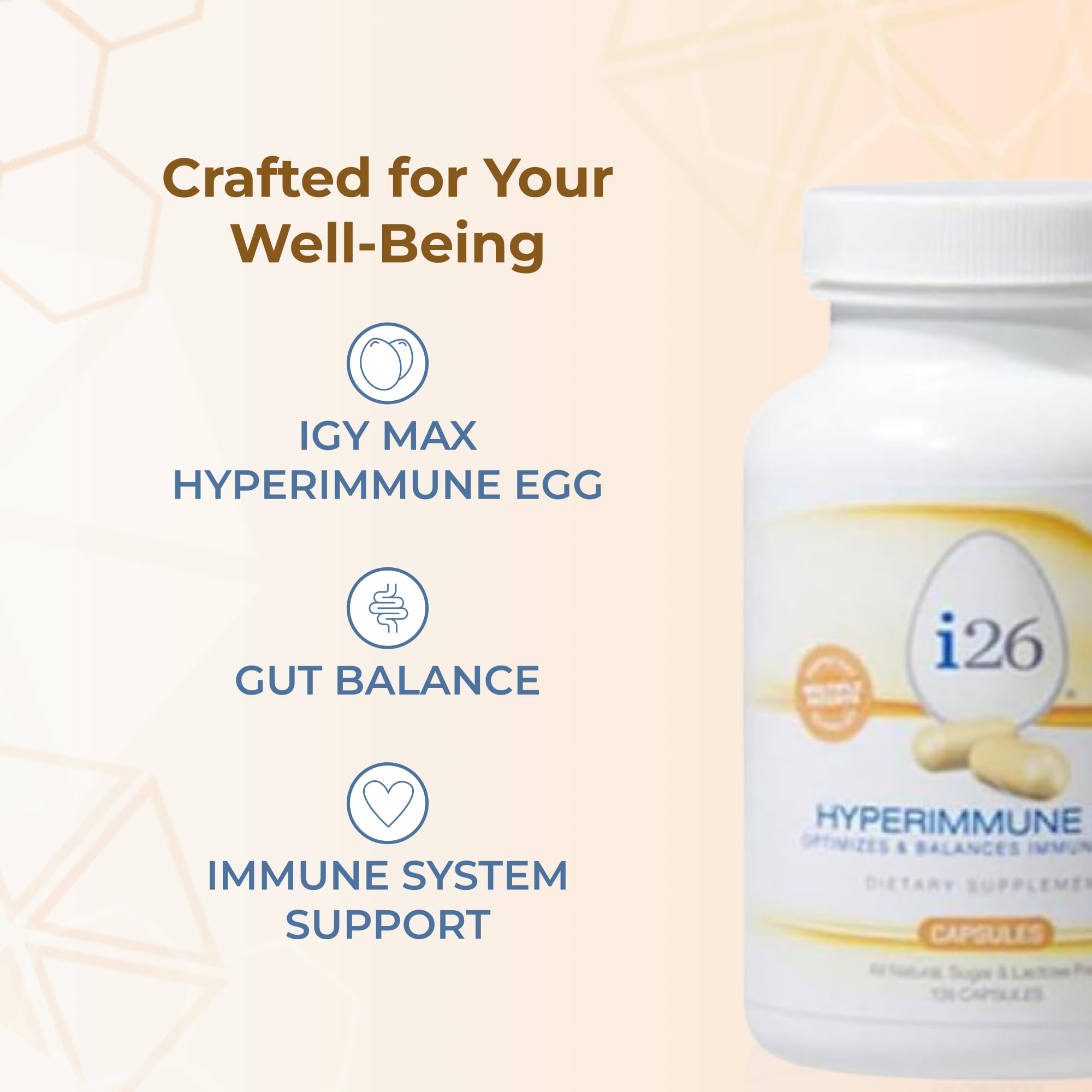 Youngevity i26 Hyperimmune Egg Capsules packaging box highlighting allergen-friendly features.