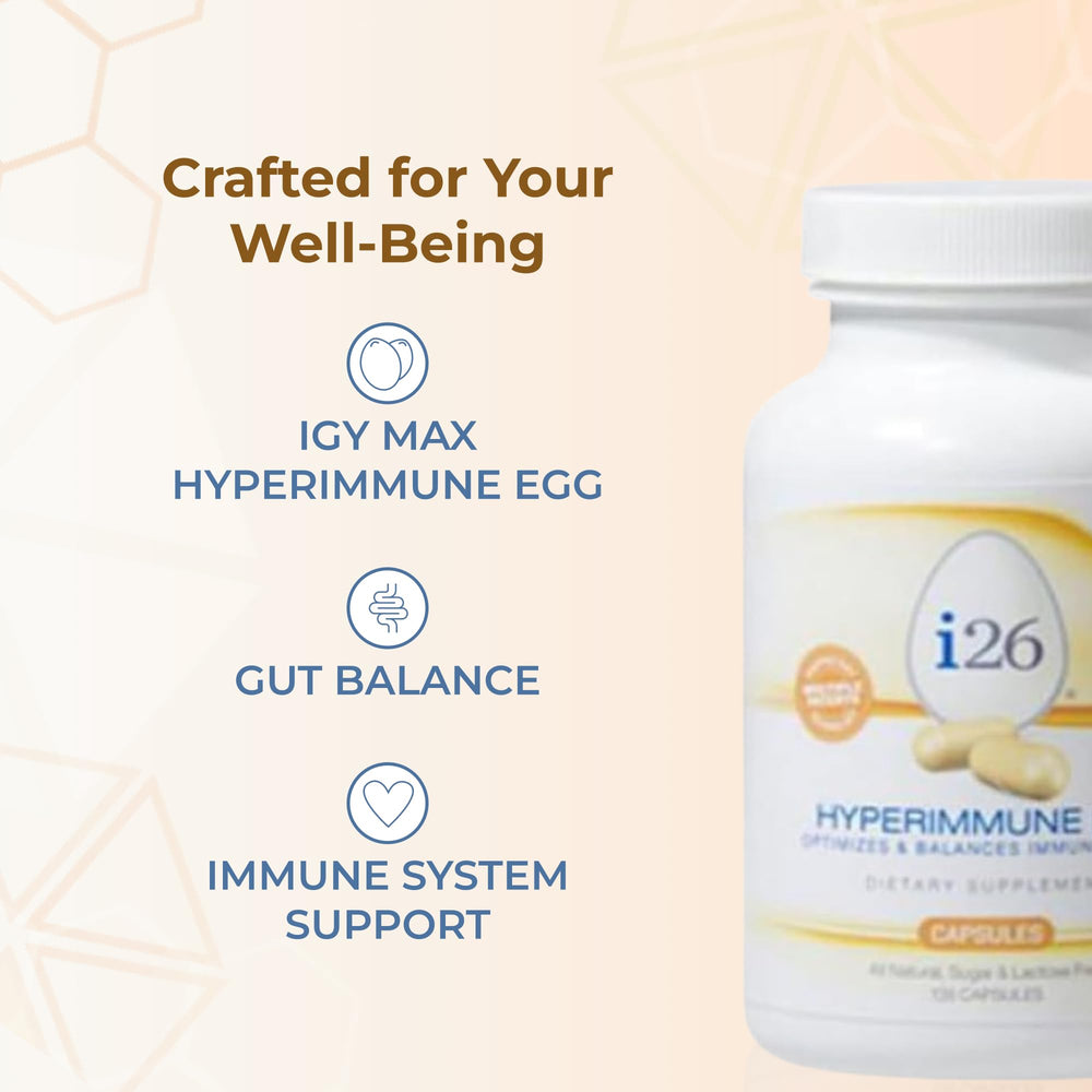 Youngevity i26 Hyperimmune Egg Capsules packaging box highlighting allergen-friendly features.