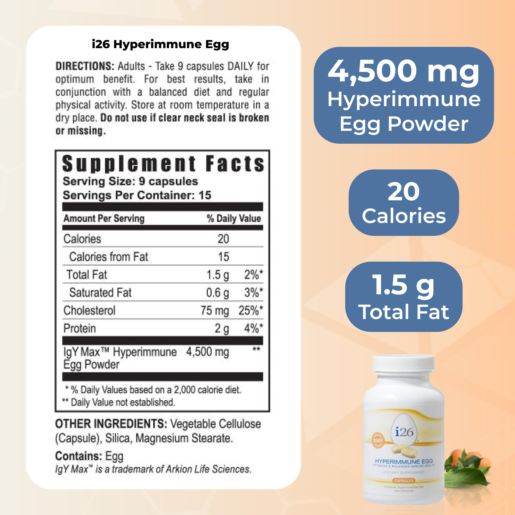 Youngevity i26 Hyperimmune Egg Capsules pour from bottle suggesting easy daily use.