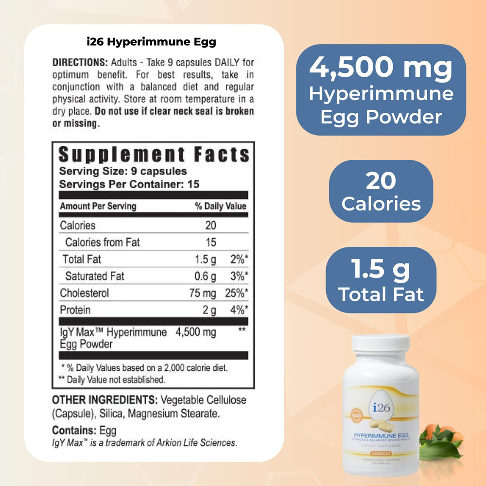 Youngevity i26 Hyperimmune Egg Capsules pour from bottle suggesting easy daily use.
