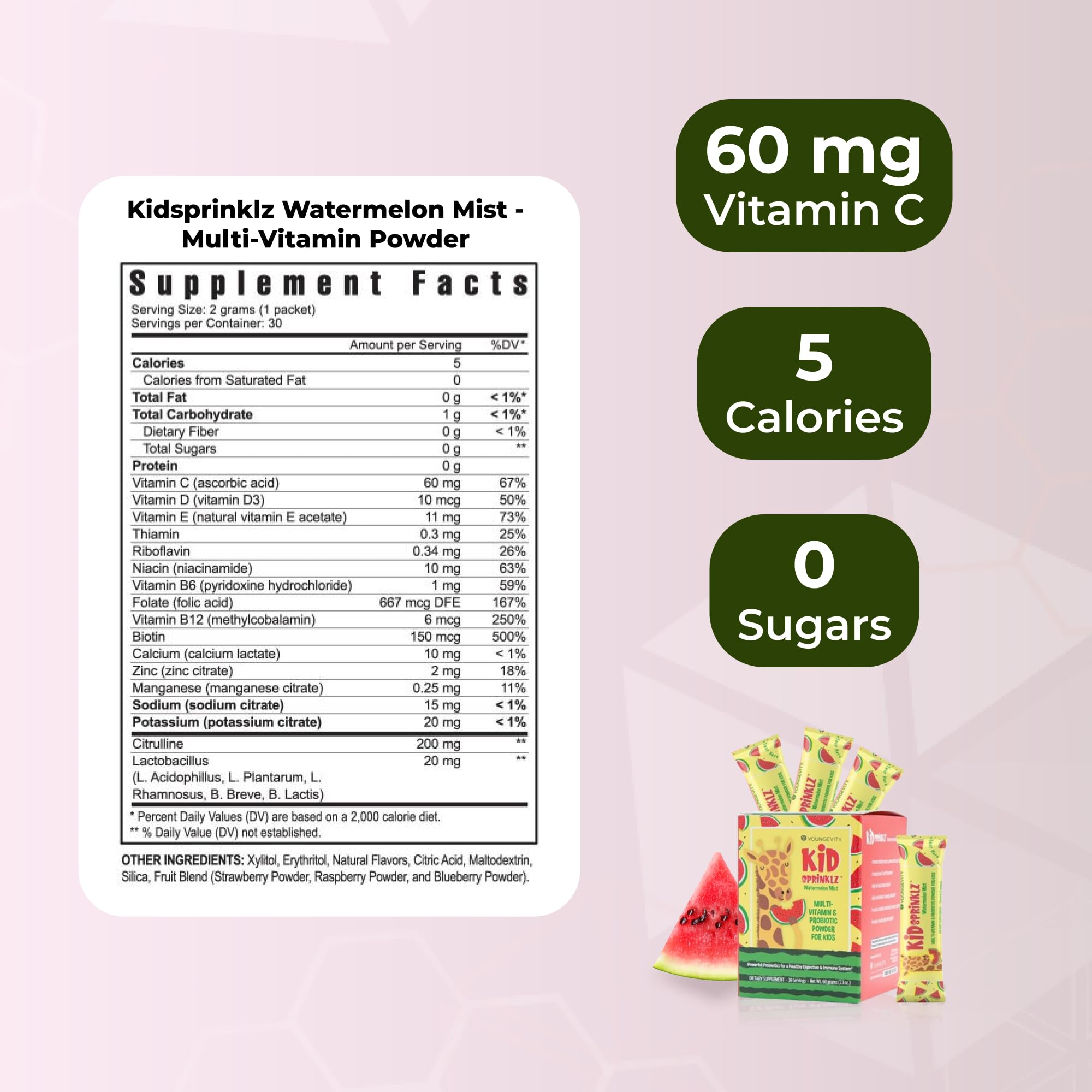 Label close-up of Youngevity product showing probiotic and vitamin blend for healthy growth.