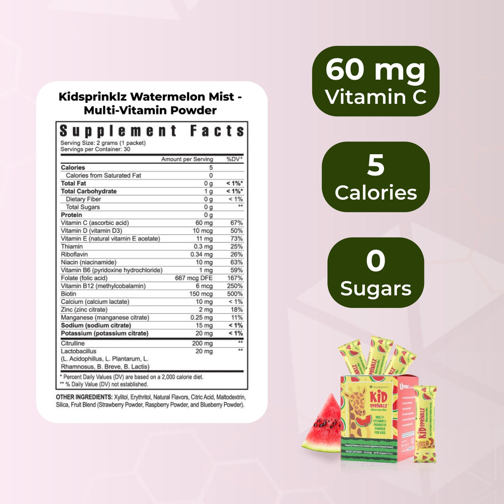 Label close-up of Youngevity product showing probiotic and vitamin blend for healthy growth.