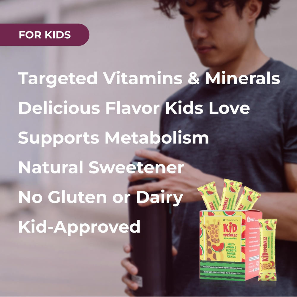 Pouring Youngevity Kidsprinklz Watermelon Mist into a glass to reveal flavor.