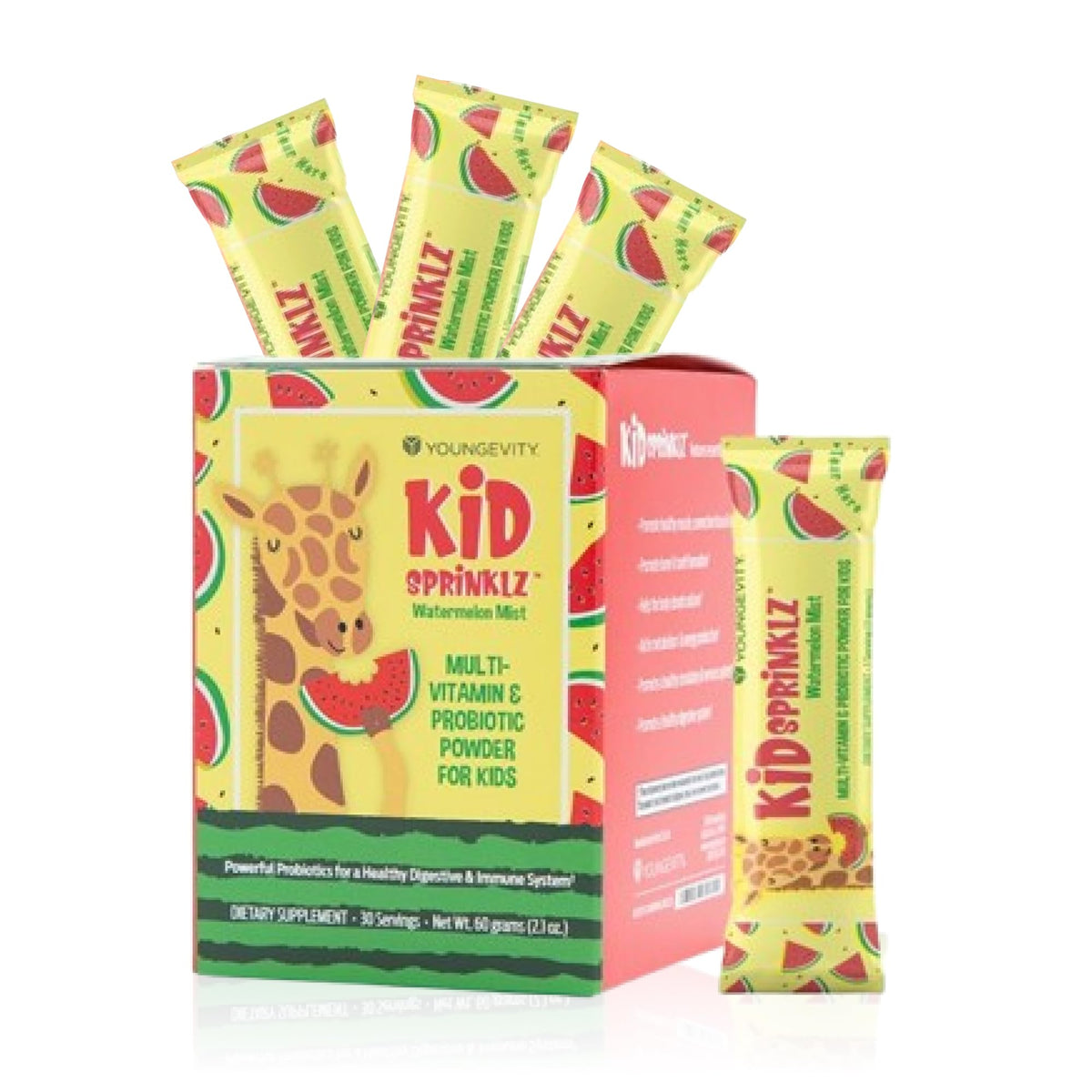 Youngevity Kidsprinklz Watermelon Mist powder canister for daily nutrition.