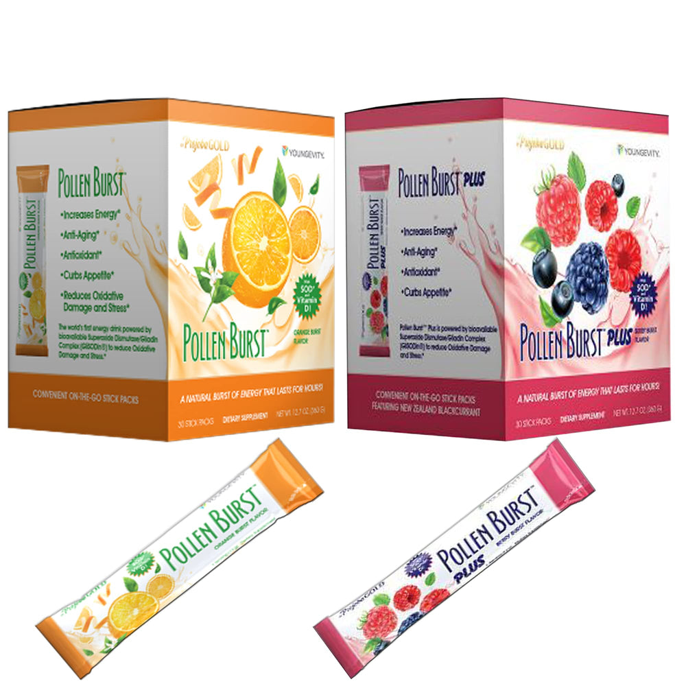 Youngevity Pollen Burst Combo bottle shows orange-berry flavor for a refreshing energy lift.