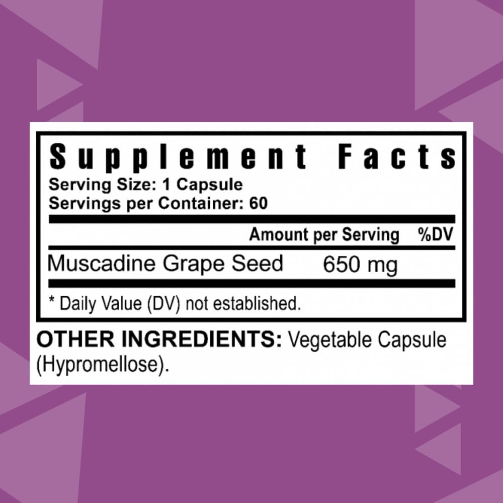 Close-up of Youngevity Premium Muscadine label highlighting 650 mg serving.