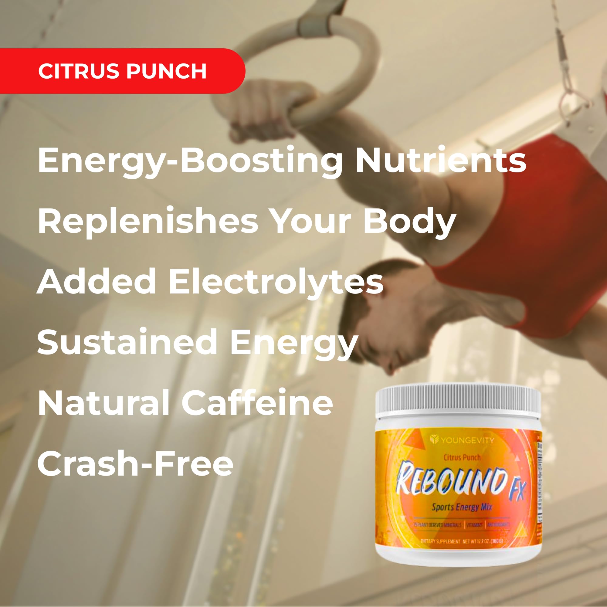 Youngevity Rebound FX citrus powder dissolving with vibrant aroma and tangy flavor.