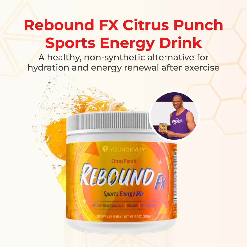 Youngevity Rebound FX Citrus Powder ingredients list highlights plant minerals and natural sweetener.