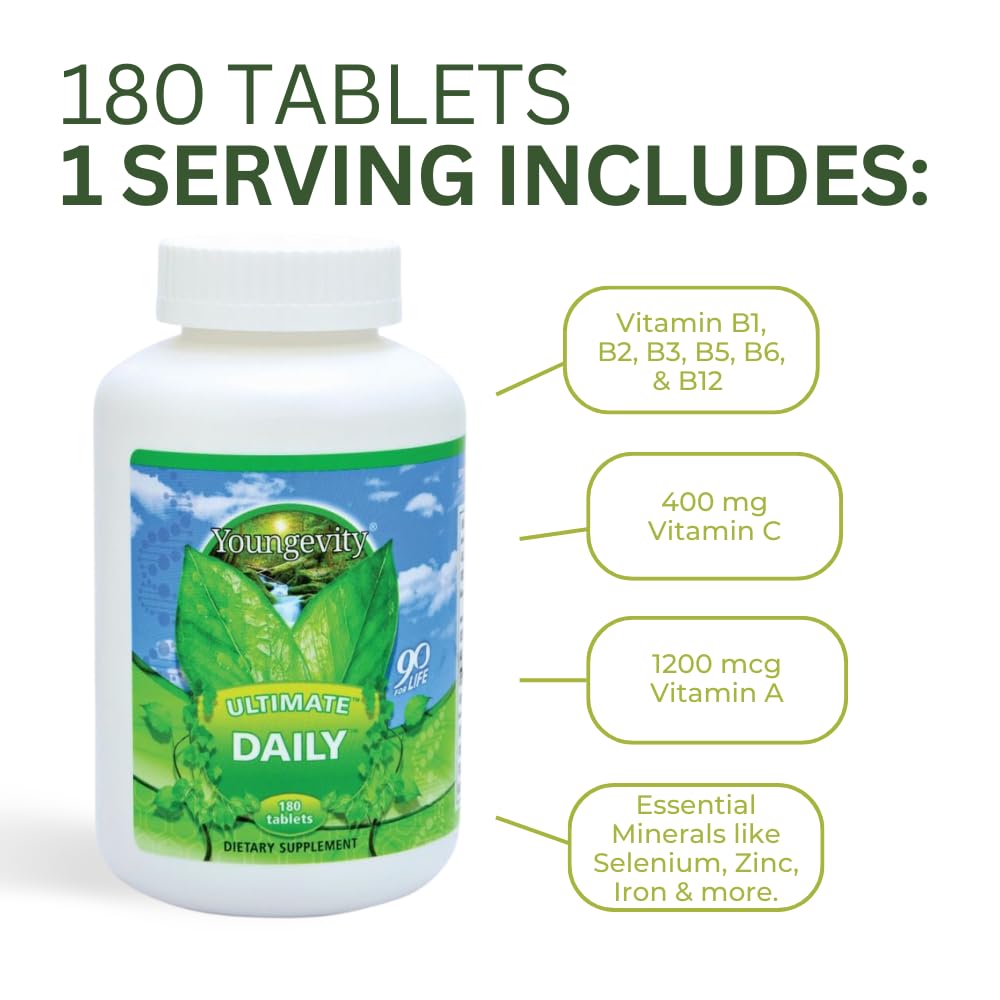 Nutrition facts panel for Youngevity Ultimate Daily featuring 20+ vitamins