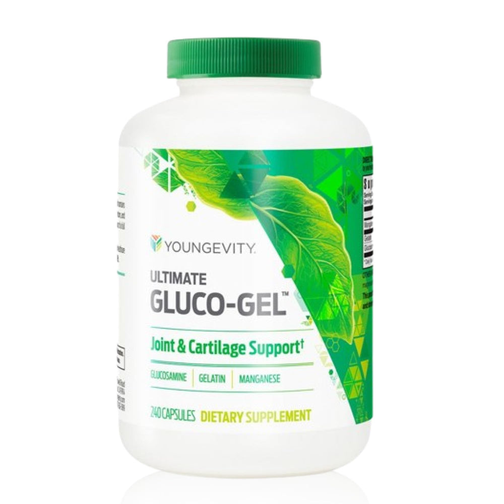 Youngevity Ultimate Gluco-Gel capsules close-up, showcasing a gelatin-based formula for joint support.