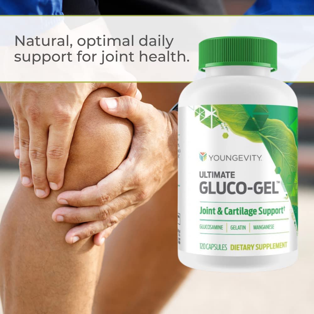 Youngevity Ultimate Gluco-Gel capsules showing gelatin-based formula for joints.