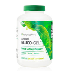 Youngevity Ultimate Gluco-Gel capsules close-up, showcasing a gelatin-based formula for joint support.