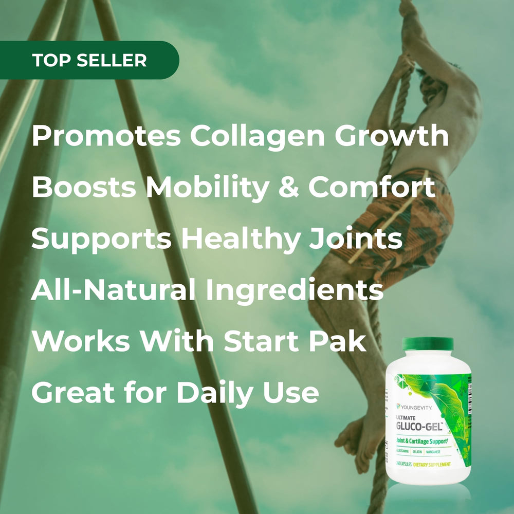 Youngevity Ultimate Gluco-Gel features gelatin-based matrix supporting tissue health.