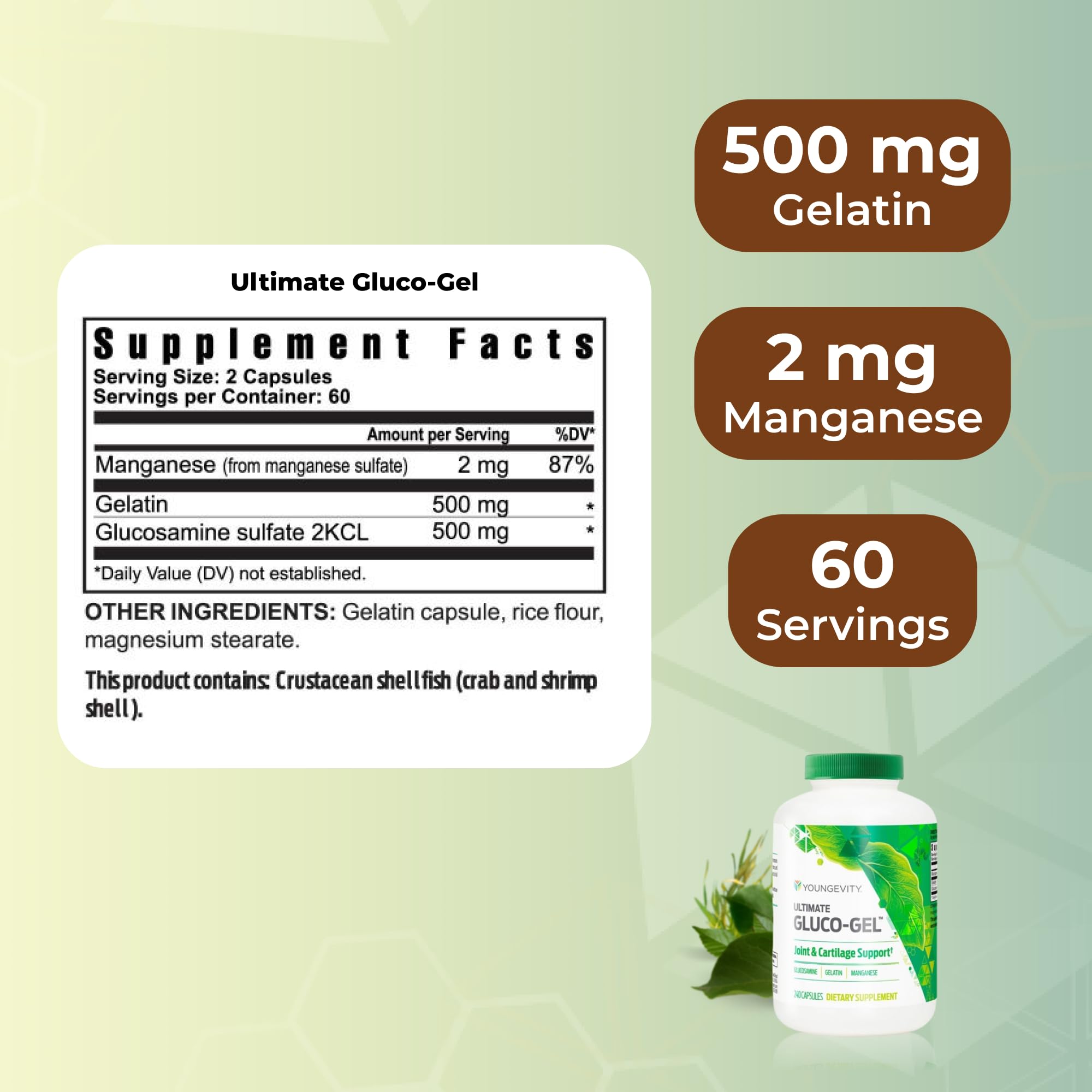 Youngevity Ultimate Gluco-Gel ingredients listing highlighting glucosamine for joint comfort.