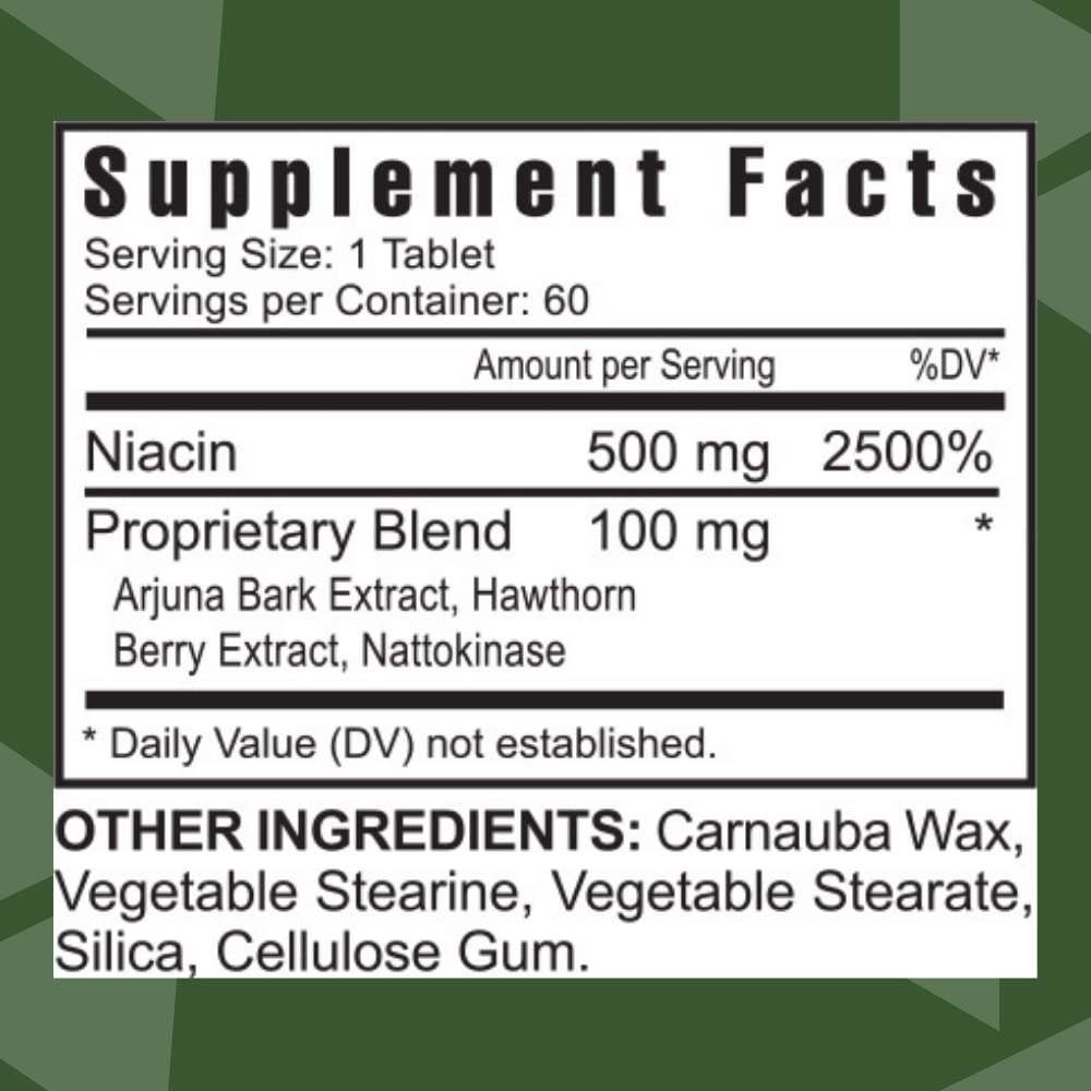Close-up of Niacin Plus tablet highlights Arjuna Bark and Hawthorn Berry in formula