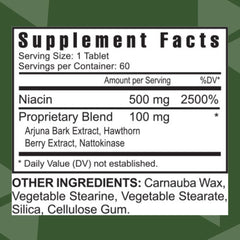 Close-up of Niacin Plus tablet highlights Arjuna Bark and Hawthorn Berry in formula