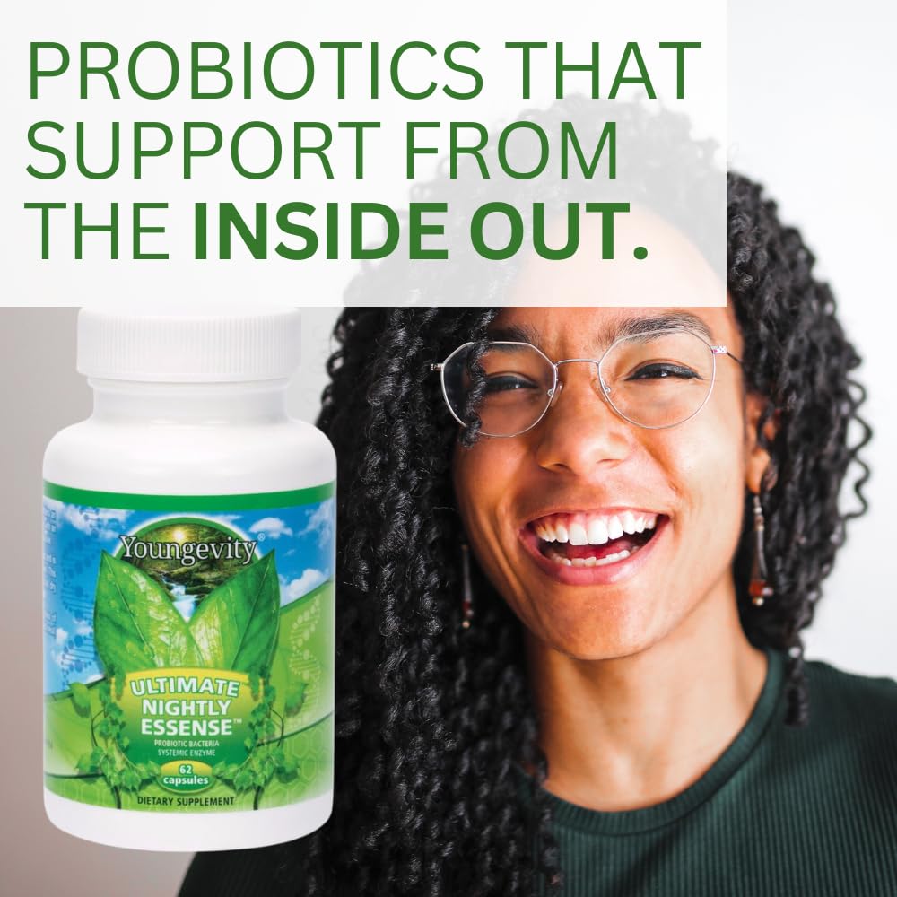 Youngevity Ultimate Nightly Essense capsules arranged for nightly routine use to support digestion