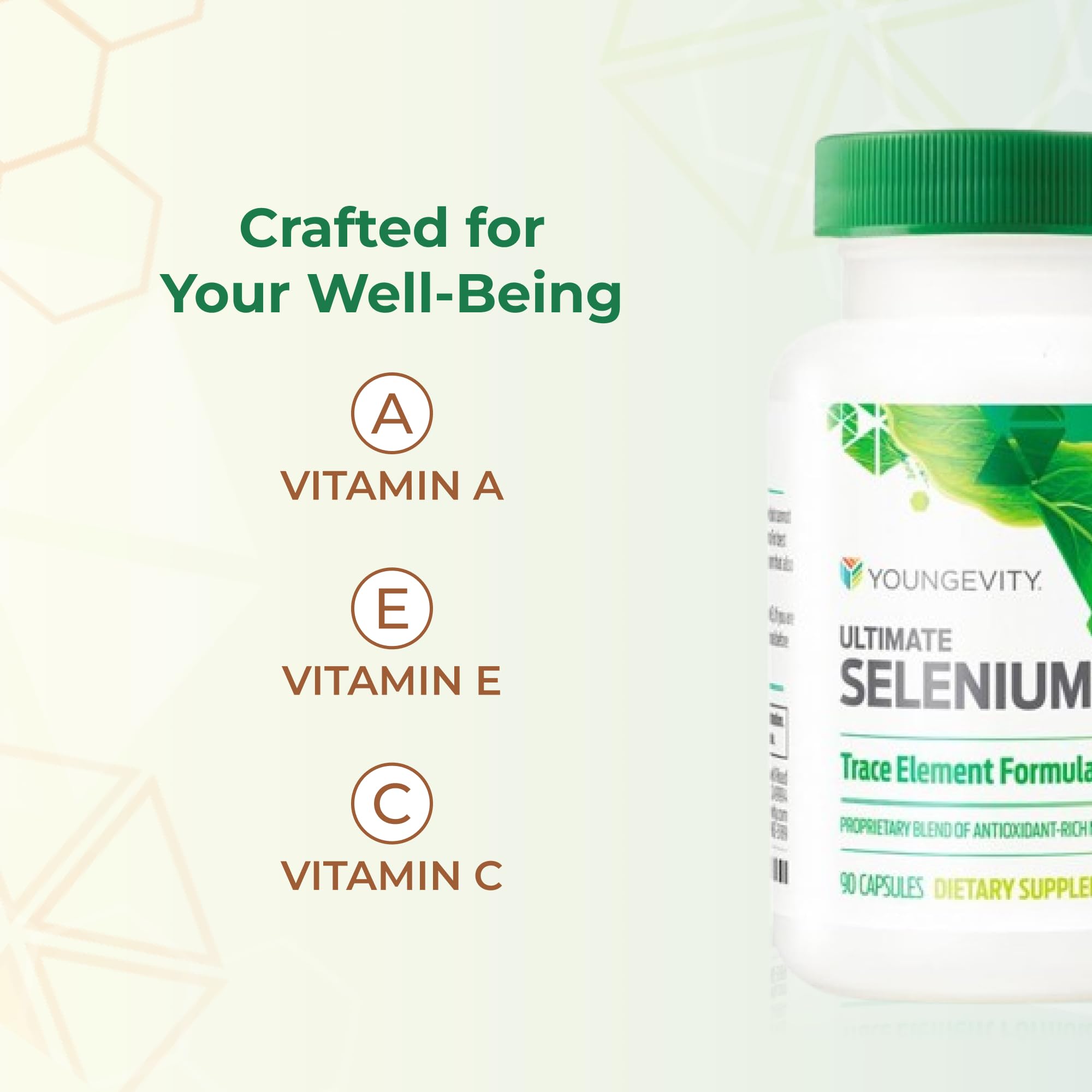 Youngevity Ultimate Selenium cofactors image shows vitamins A, C, D-3, zinc, copper.