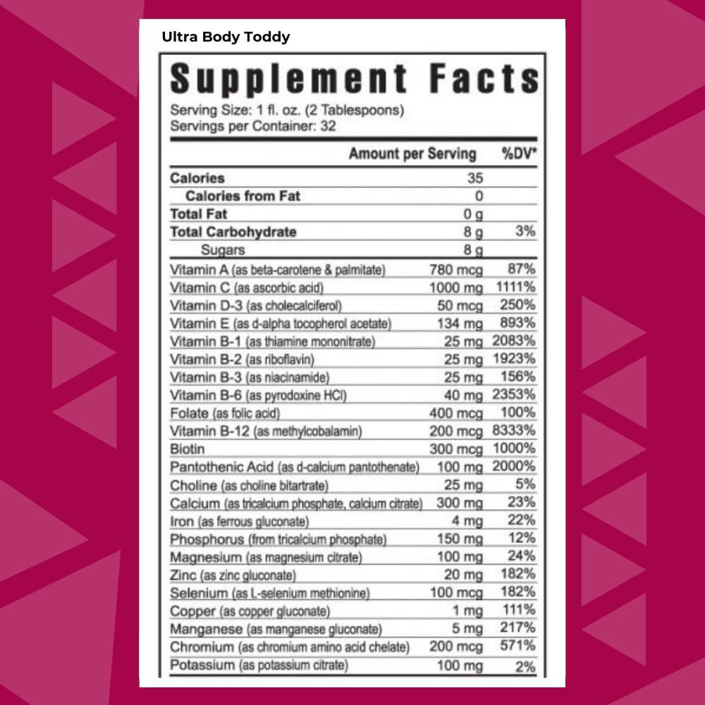 Youngevity Ultra Body Toddy bottle label highlighting minerals and phytonutrients for daily balance
