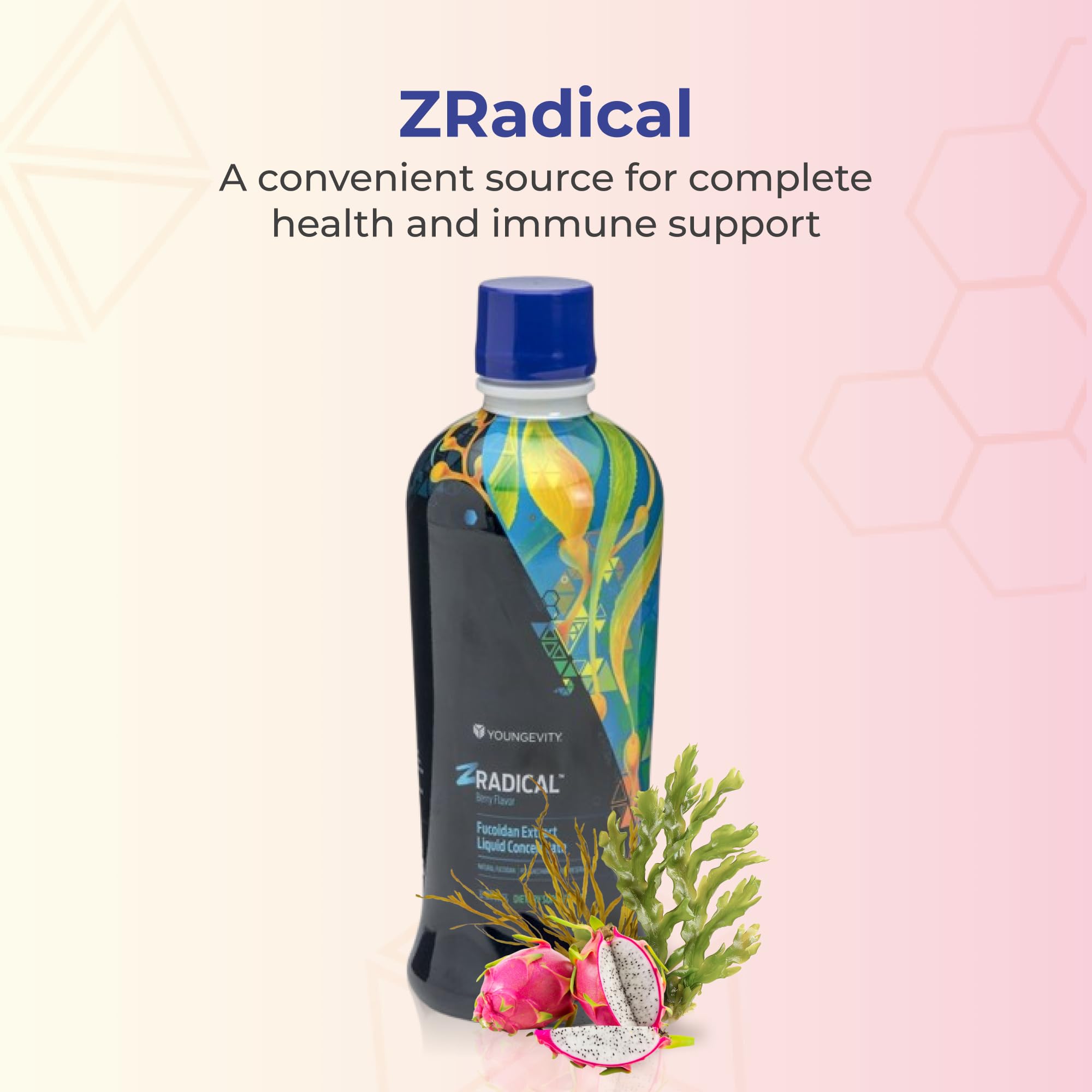 Youngevity ZRadical fucoidan label closeup showing vitamin C and berry blend for daily wellness