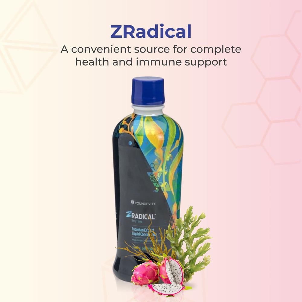 Youngevity ZRadical fucoidan label closeup showing vitamin C and berry blend for daily wellness