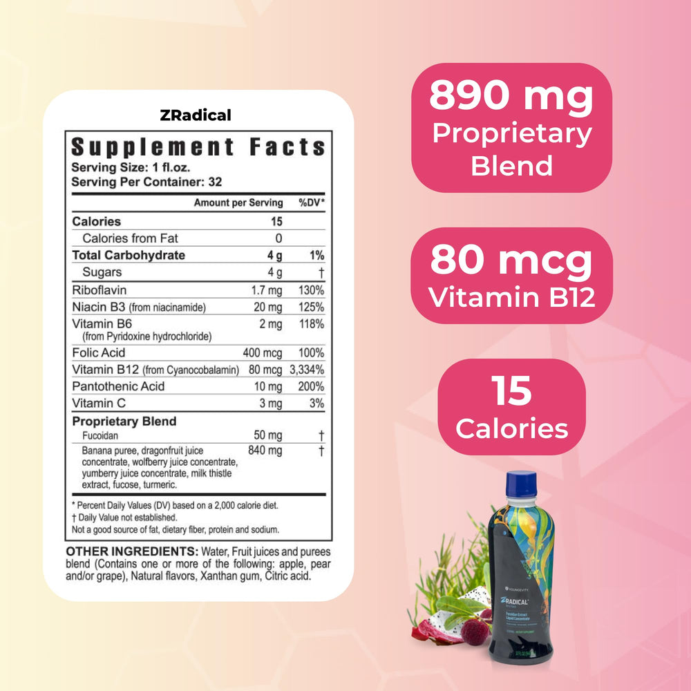 Youngevity ZRadical fucoidan pour shot illustrating convenient daily dosage