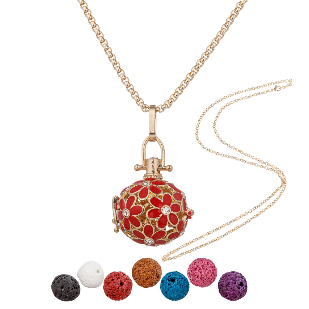 YoungJewl chrysanthemum diffuser pendant, rhinestones, elegant aromatherapy on the go.